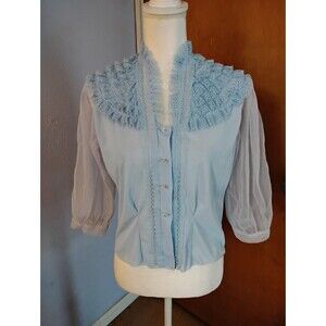 Mark Lee Original Vintage 50s 60s Blue Sheer Ruffle Lace-Trim Puffed Sleeve Top